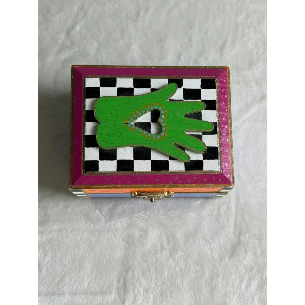 Hand Painted Folk Art Wooden Trinket Box Y2K Checkered Heart Hand Jewelry Box